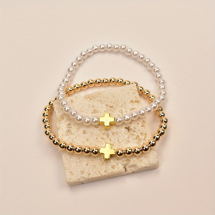 Delicate Pearl Cross Bracelet Set