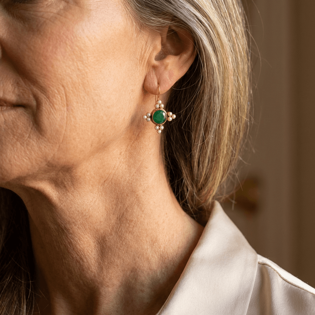 Vintage Green Crystal & Pearls Earrings