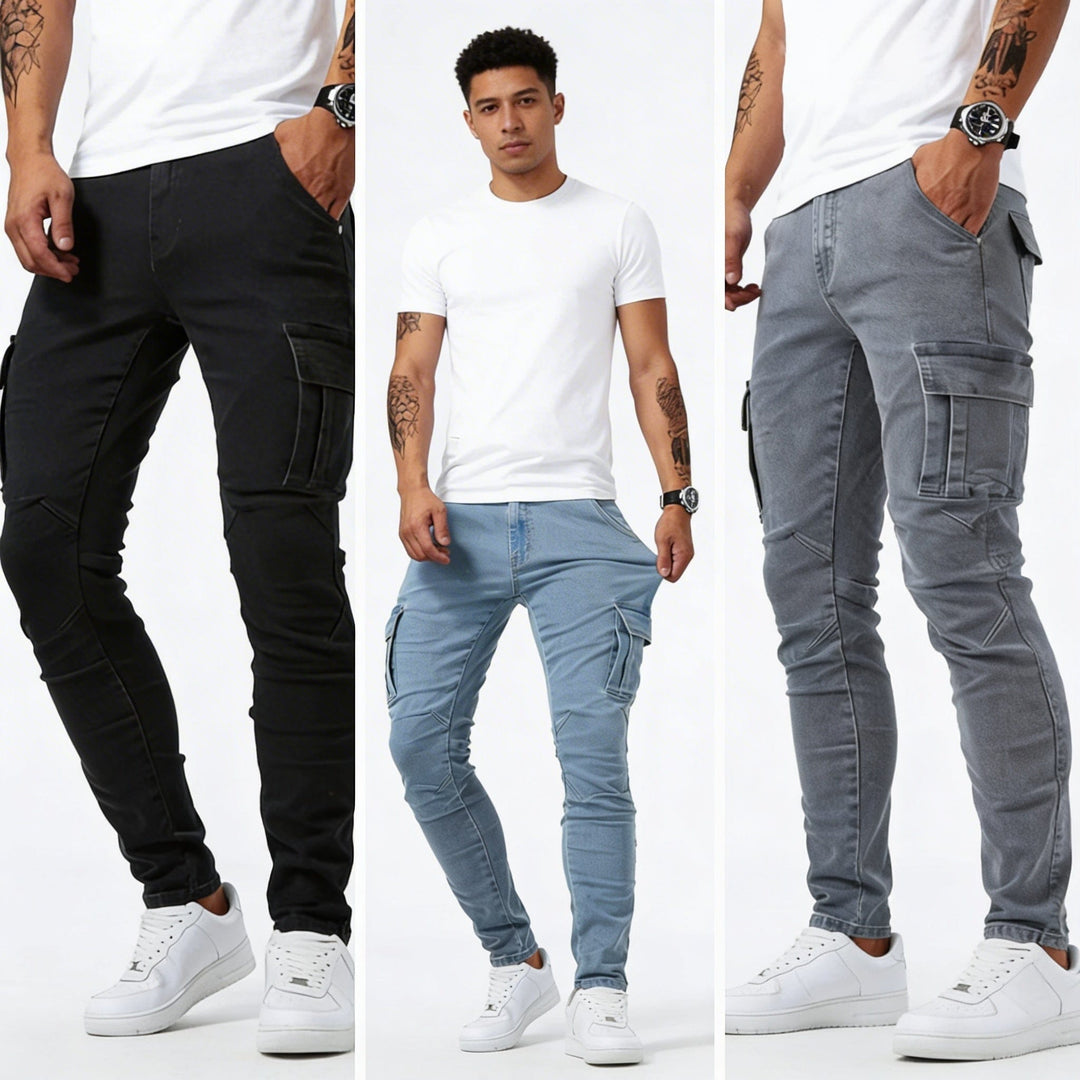 Brent men's slim cargo jeans, shown on a model