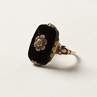 Vintage Victorian Style Black Stone Floral Gold Accent Ring
