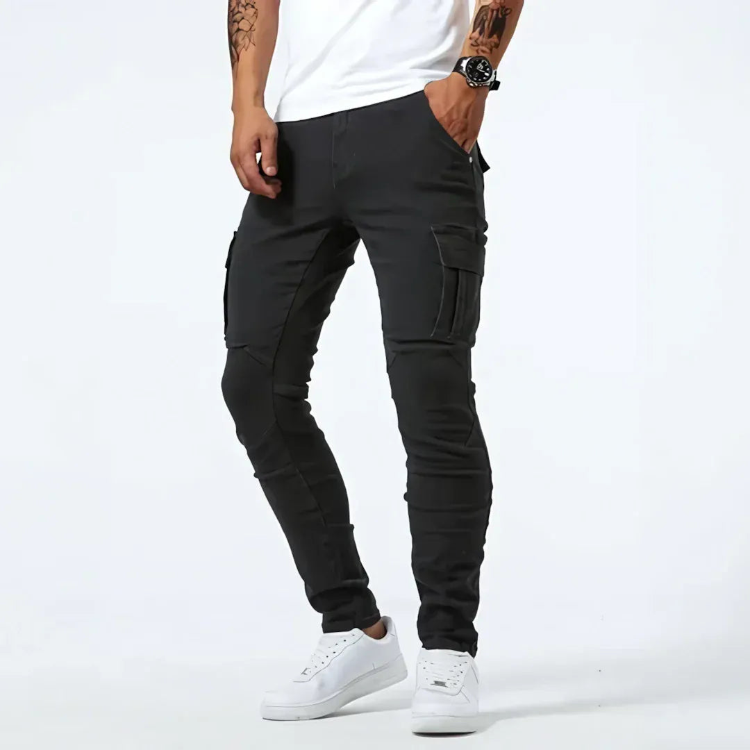 Brent men's slim cargo jeans in black, shown on a model