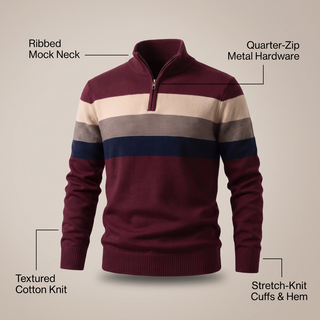 Lorven striped quarter-zip jumper, labelled diagram of the ribbed mock neck, quarter-zip and stretch-knit cuffs