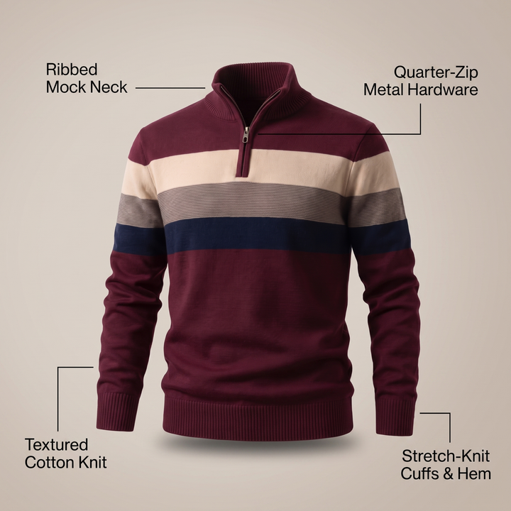 Lorven striped quarter-zip jumper, labelled diagram of the ribbed mock neck, quarter-zip and stretch-knit cuffs