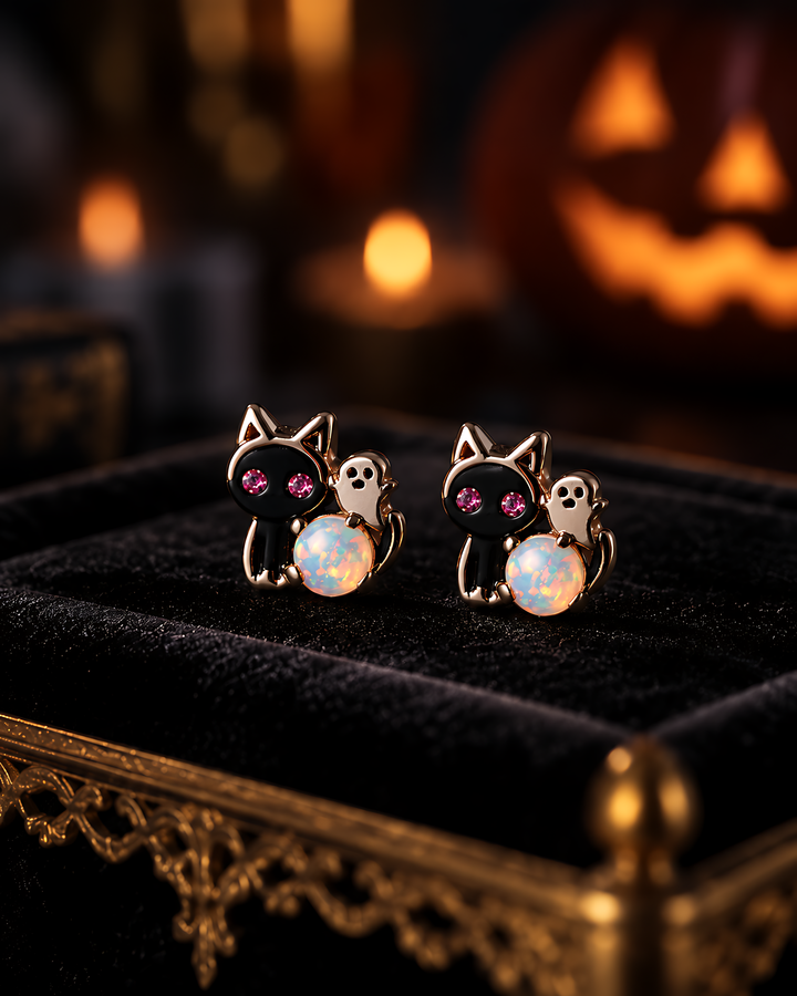 Ghost Cat Opal Stud Earrings
