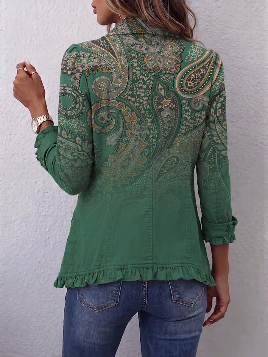 Cosette | Green Paisley Boho Ruffled Jacket