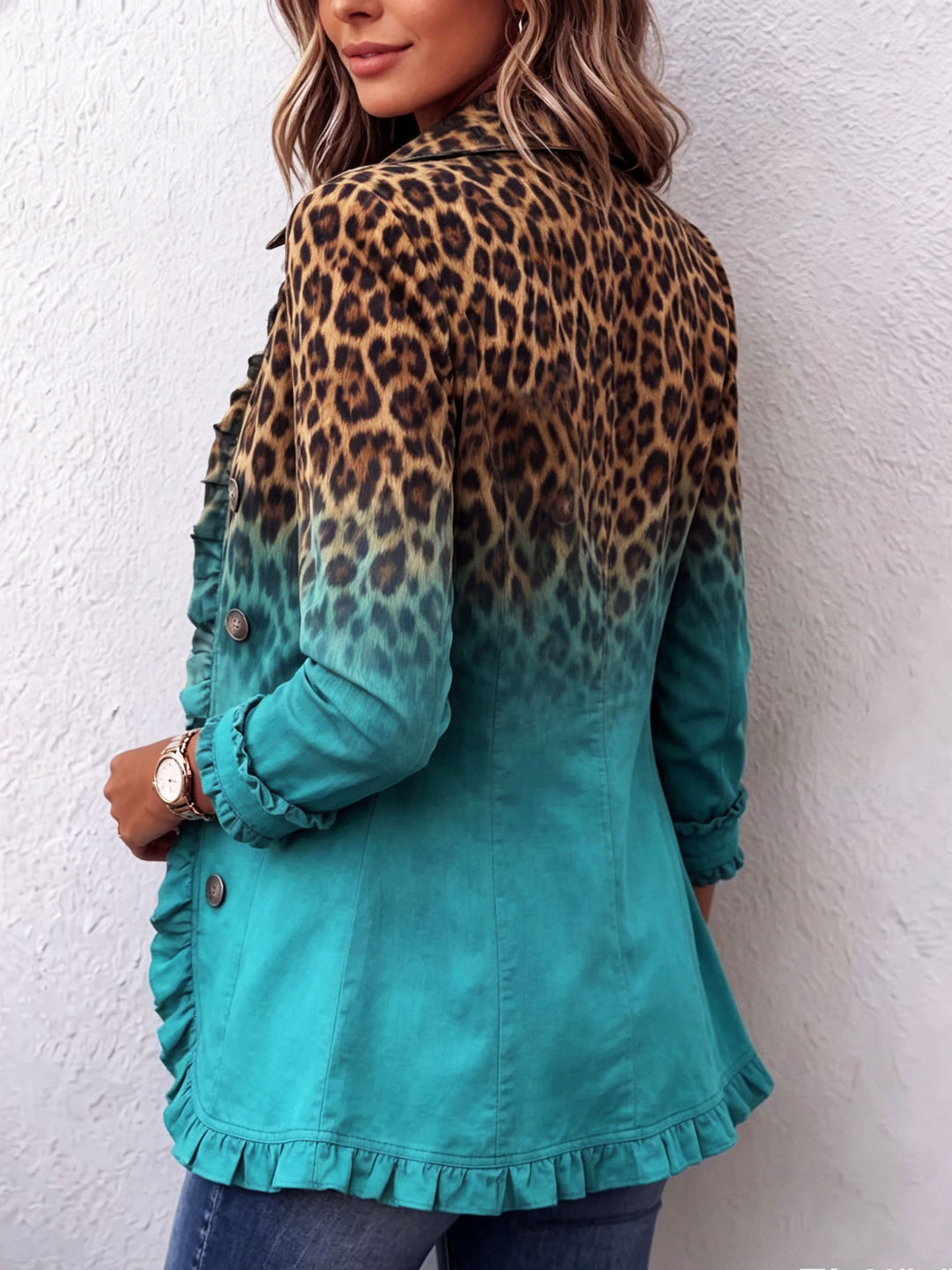 Béatrice | Turquoise Ombré Leopard Ruffled Blazer
