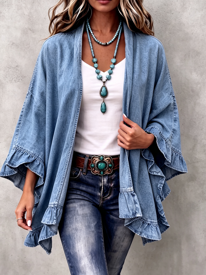 Corinne | Boho Denim Ruffle Cardigan