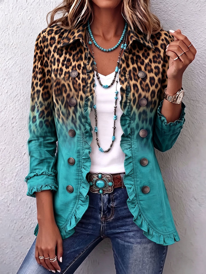 Béatrice | Turquoise Ombré Leopard Ruffled Blazer