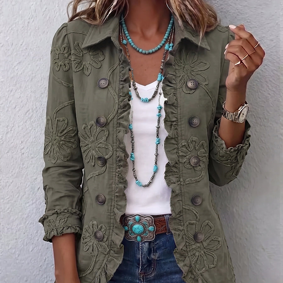 Alexandrine | Retro Green Floral Embroidered Boho-Chic Jacket