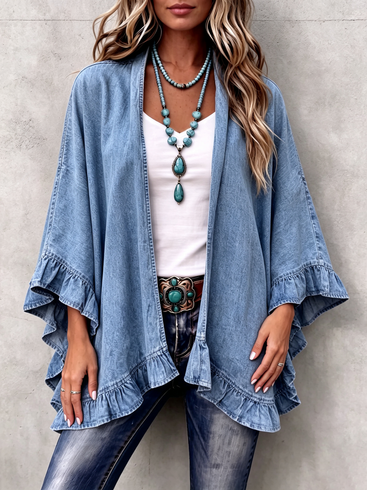 Corinne | Boho Denim Ruffle Cardigan