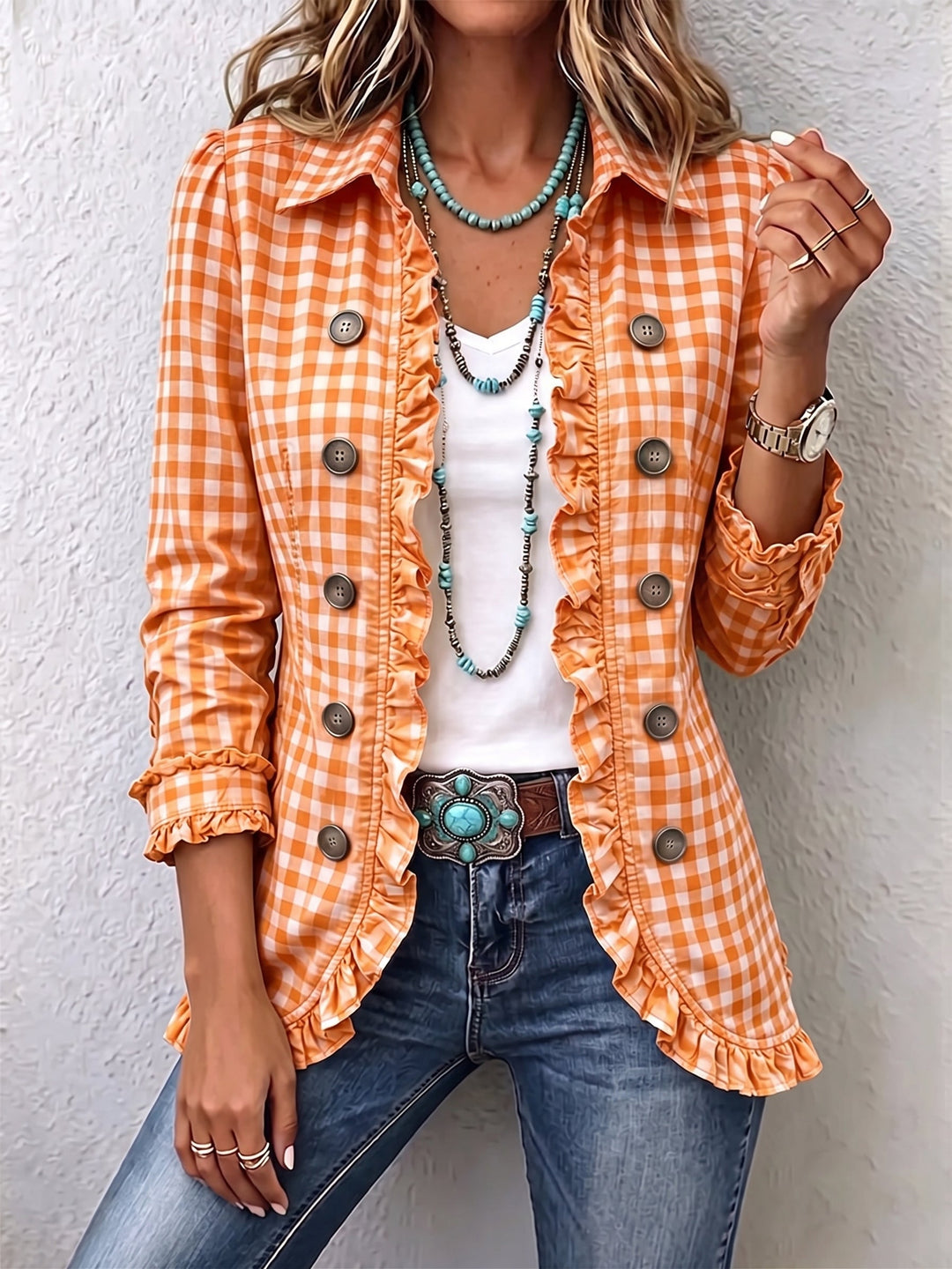 Julie | Gingham Check Jacket with Ruffles and Buttons