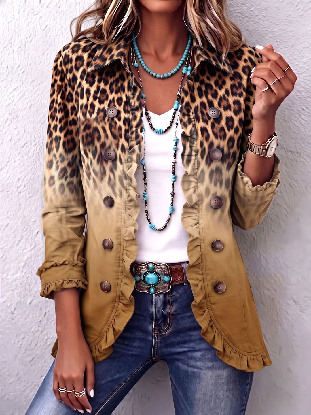 Béatrice | Turquoise Ombré Leopard Ruffled Blazer