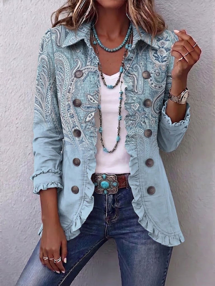 Émilie | Sky Blue Vintage Paisley Ruffled Jacket