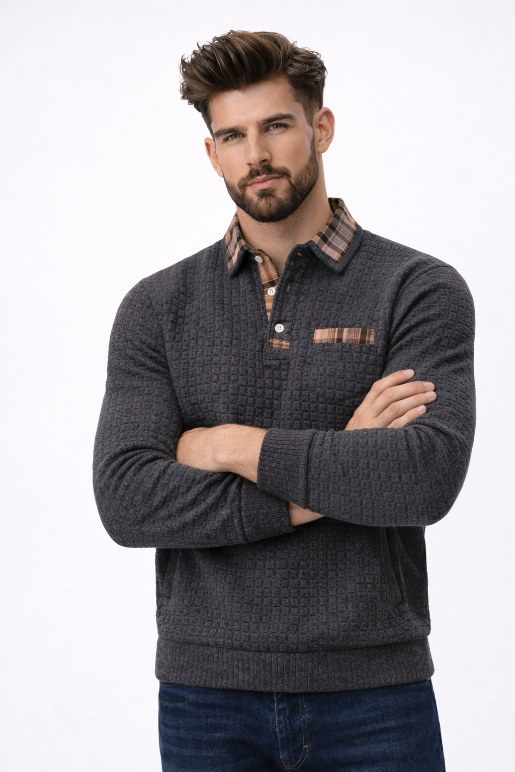 Alistair autumn waffle polo jumper, shown on a model with arms crossed