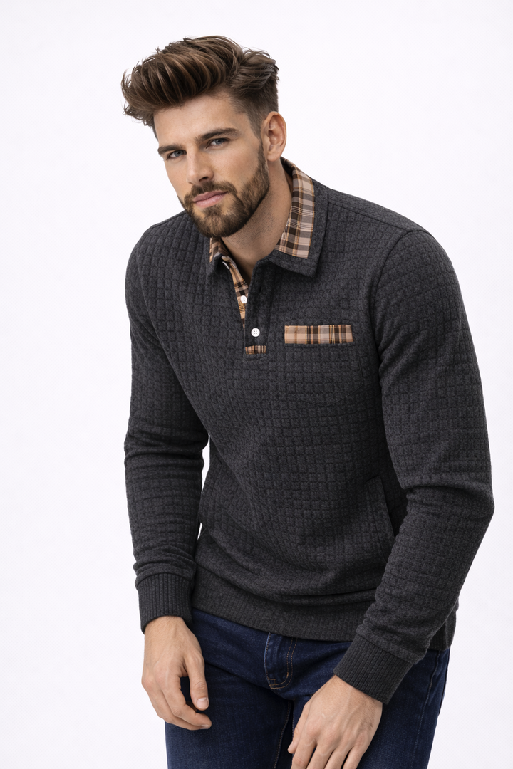 Alistair autumn waffle polo jumper, shown on a model leaning forward