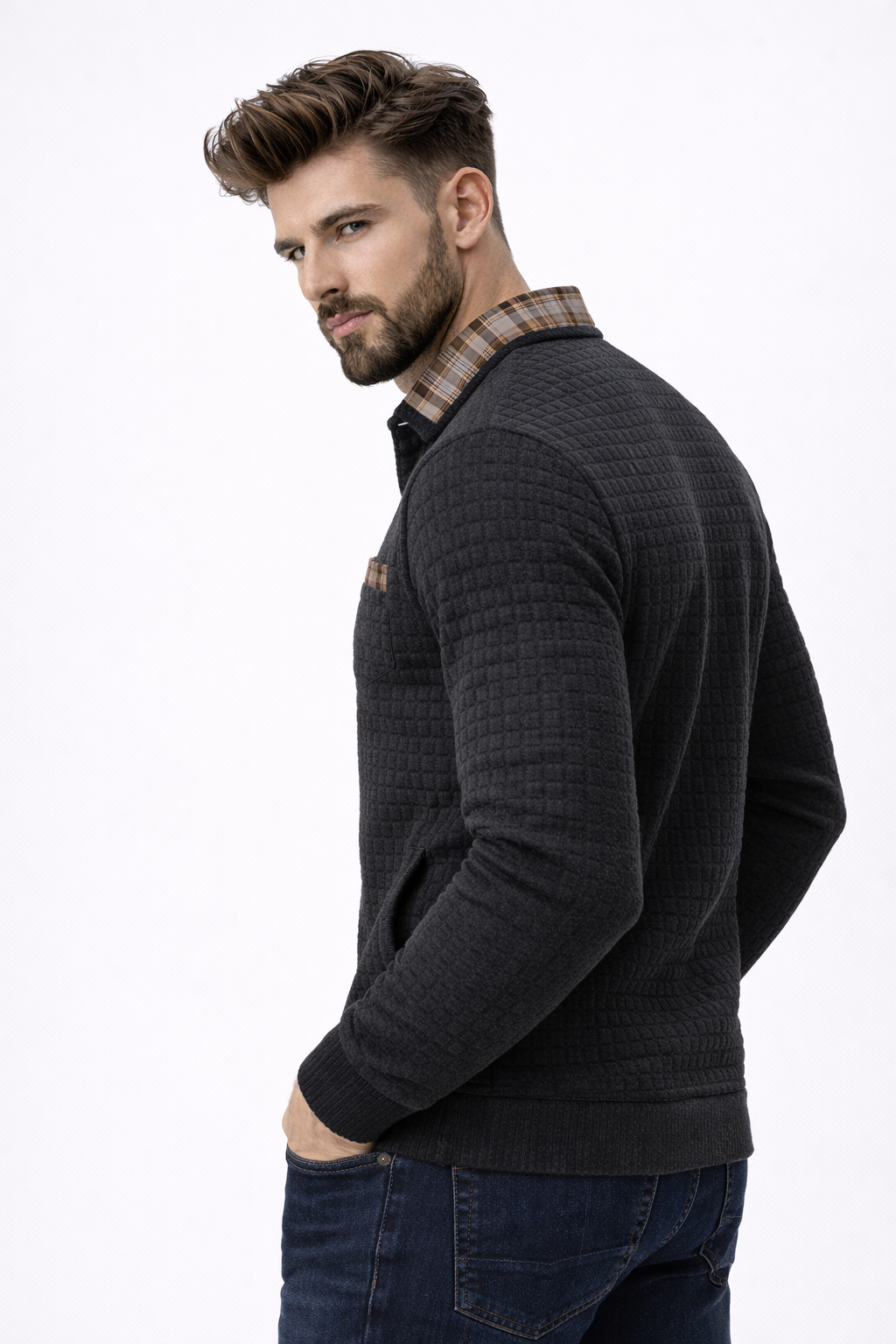 Alistair autumn waffle polo jumper, side view on a model