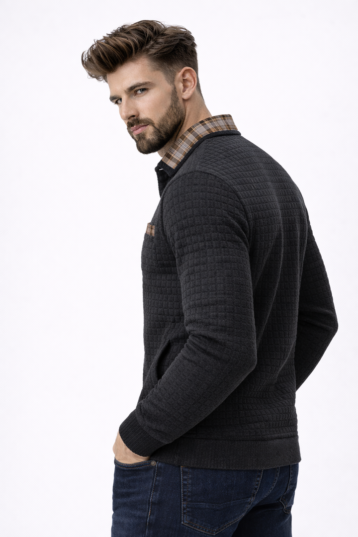Alistair autumn waffle polo jumper, side view on a model