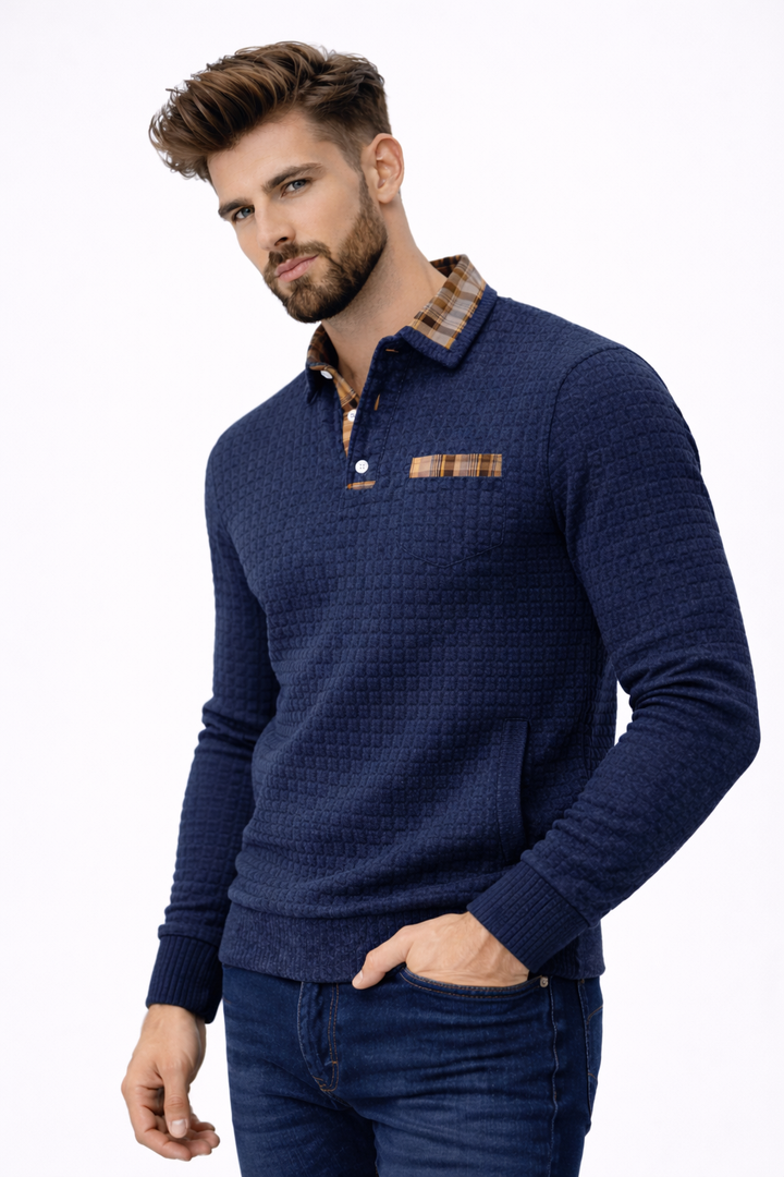 Alistair autumn waffle polo jumper, model with a hand in his pocket
