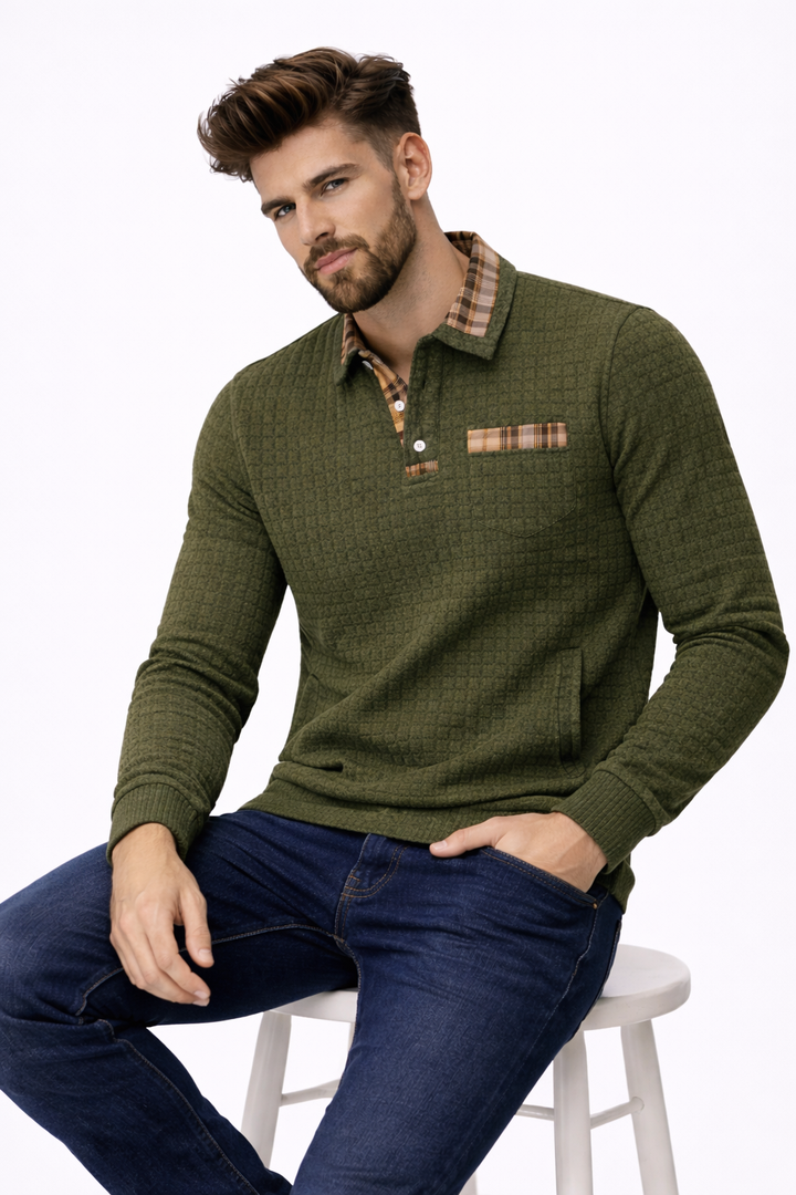 Alistair autumn waffle polo jumper, shown on a seated model