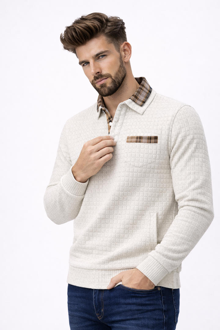 Alistair autumn waffle polo jumper, shown on a model