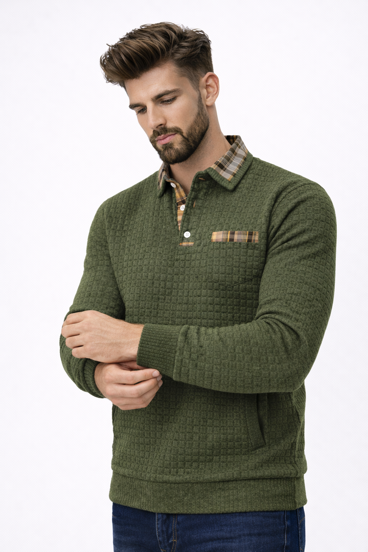Alistair autumn waffle polo jumper, model adjusting the ribbed cuff