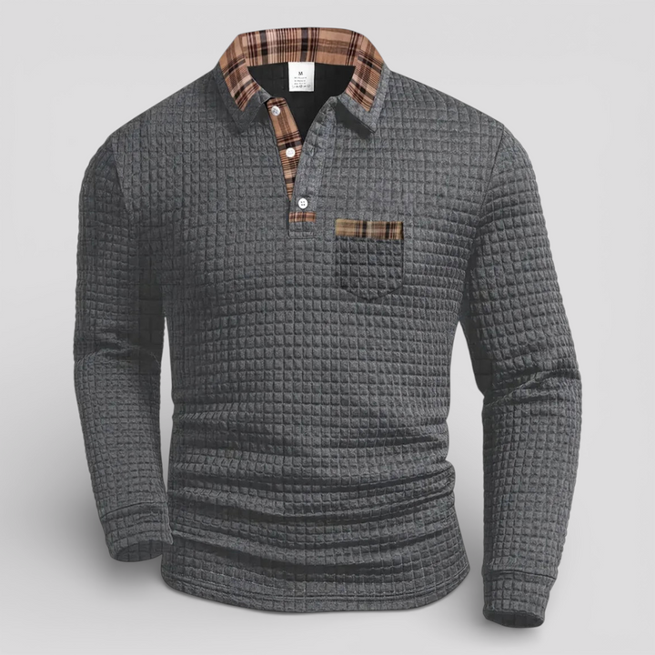 Alistair autumn waffle polo jumper, product photo on a plain background