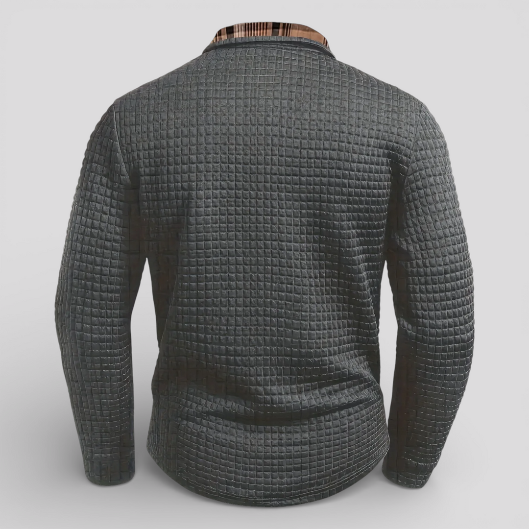 Alistair autumn waffle polo jumper, back view showing the waffle knit
