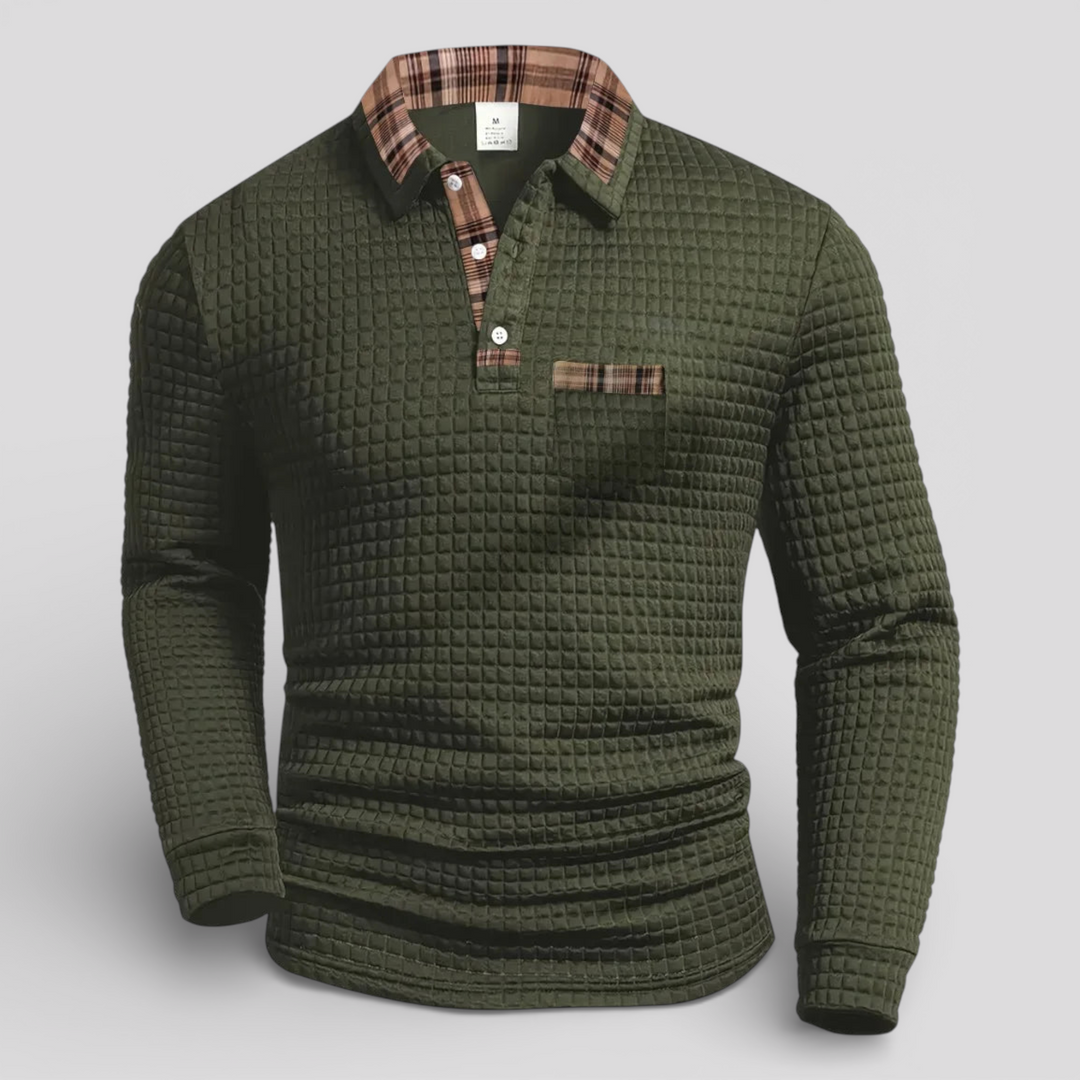 Alistair autumn waffle polo jumper, product photo on a plain background