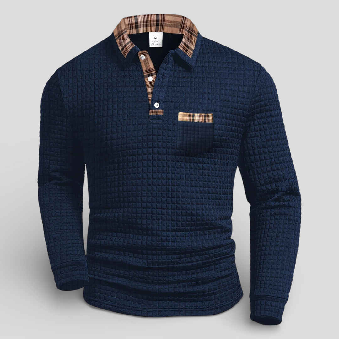 Alistair autumn waffle polo jumper, product photo on a plain background