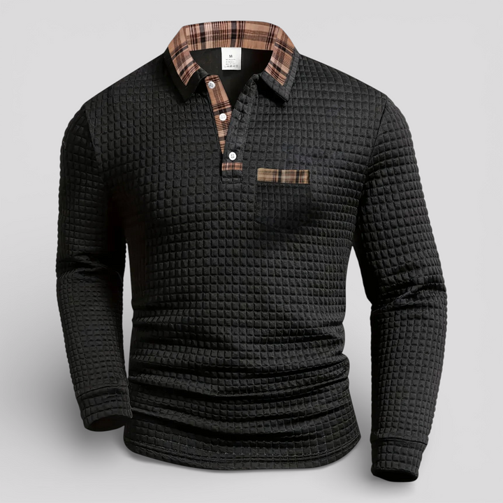 Alistair autumn waffle polo jumper, product photo on a plain background