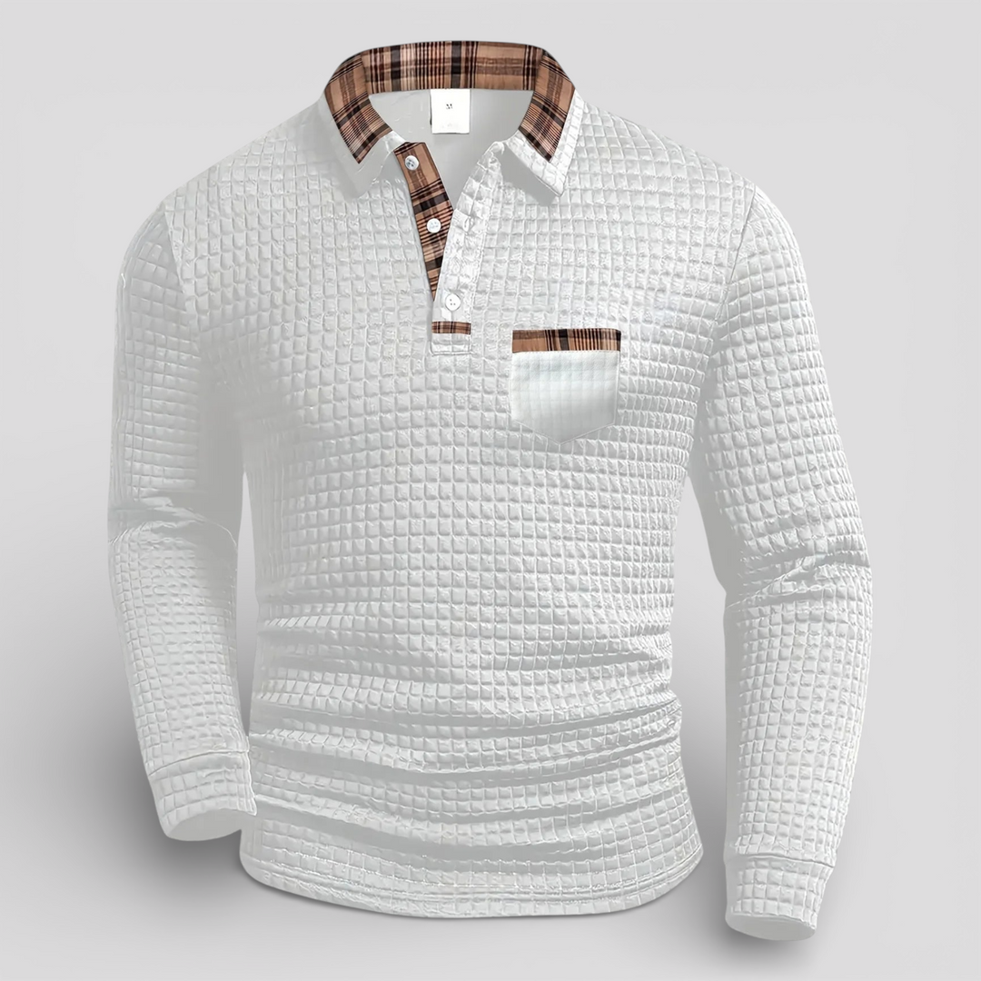 Alistair autumn waffle polo jumper, product photo on a plain background