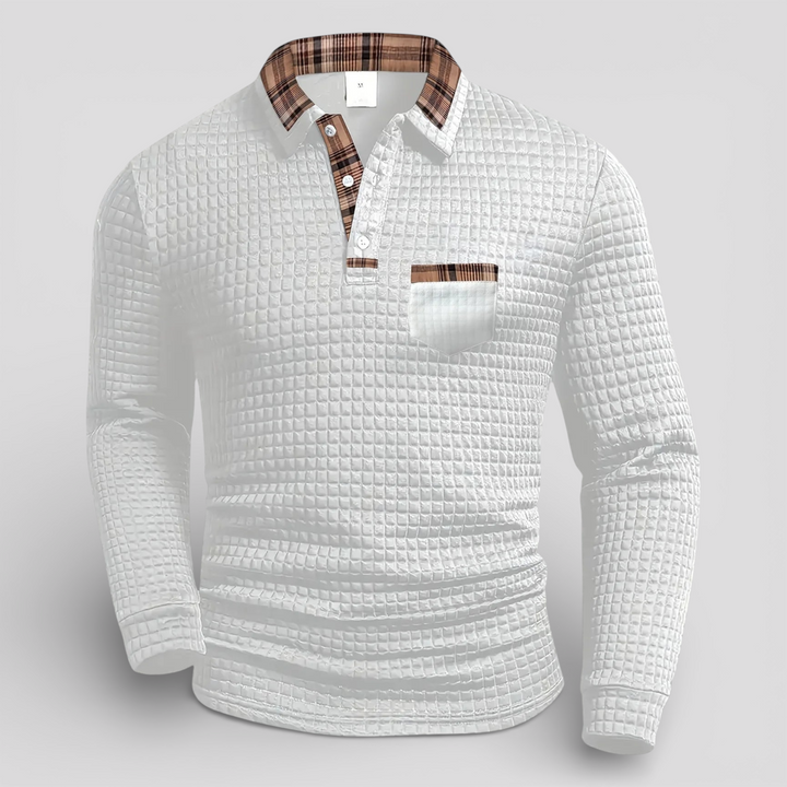Alistair autumn waffle polo jumper, product photo on a plain background