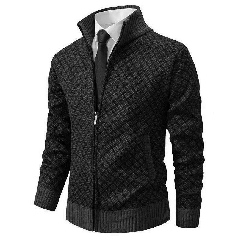 Oliver men's diamond knit zip cardigan in black, worn over a shirt and tie