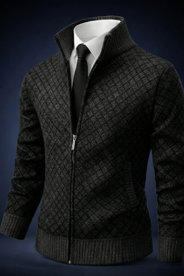 Oliver men's diamond knit zip cardigan, shown on a model