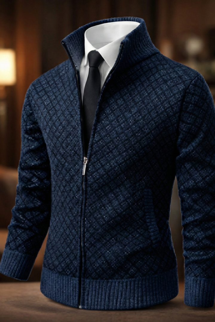 Oliver men's diamond knit zip cardigan, shown on a model