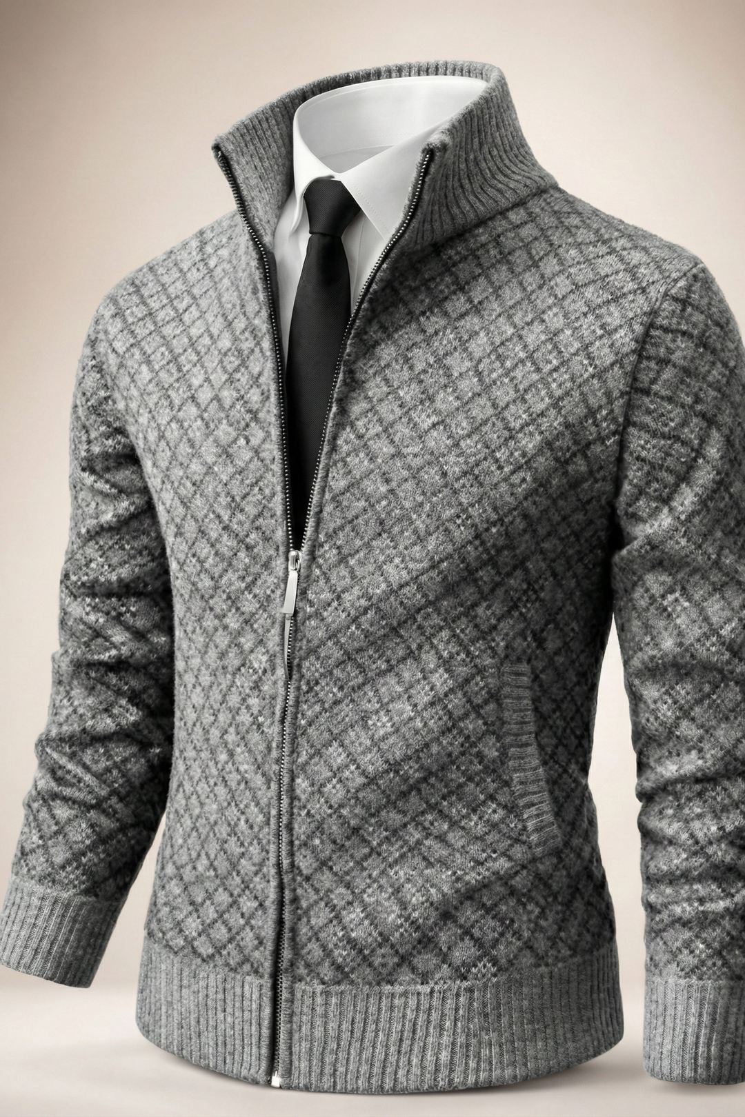 Oliver men's diamond knit zip cardigan, shown on a model
