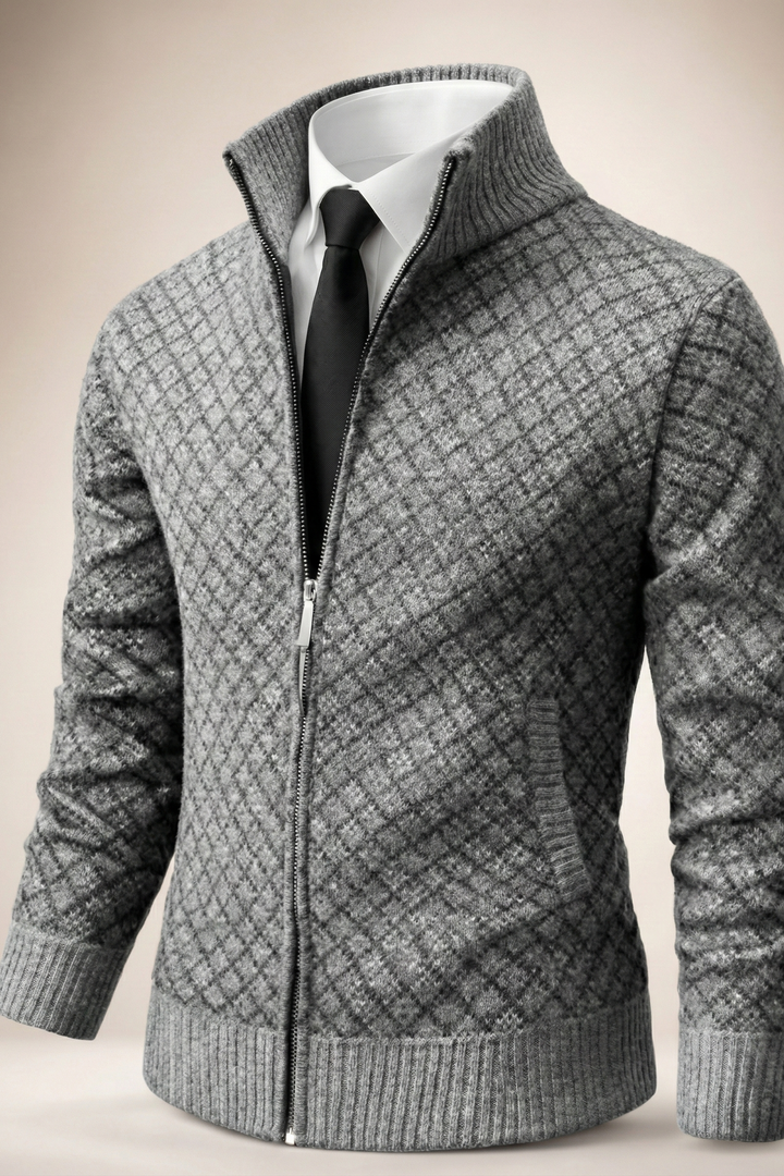 Oliver men's diamond knit zip cardigan, shown on a model