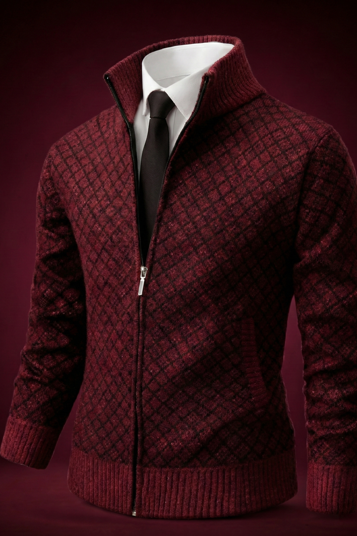Oliver men's diamond knit zip cardigan, shown on a model