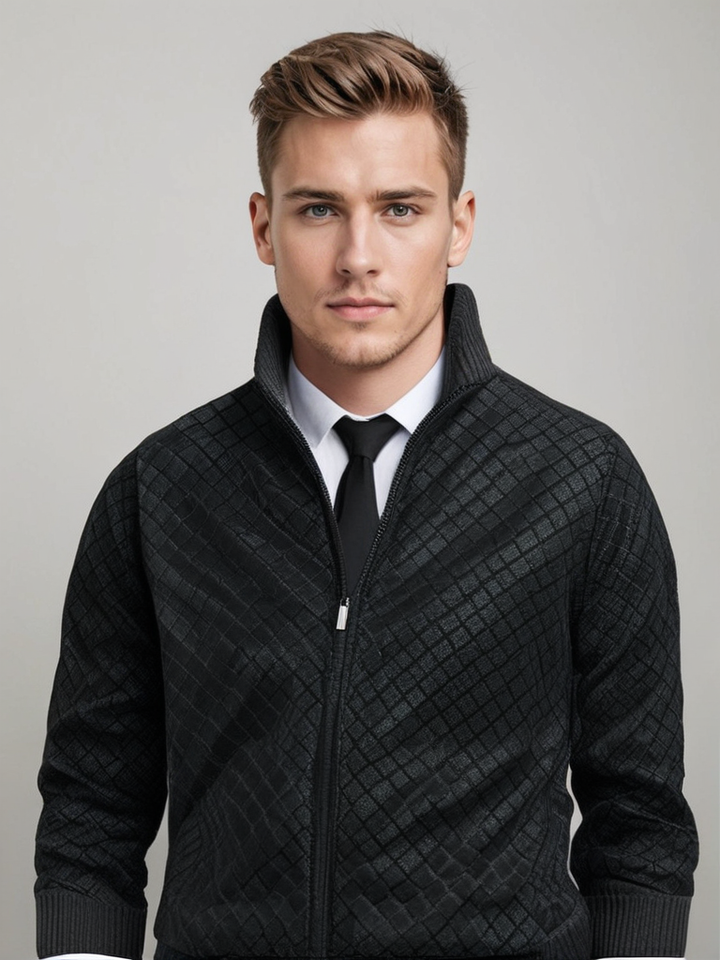 Oliver men's diamond knit zip cardigan, close-up of the diamond lattice knit