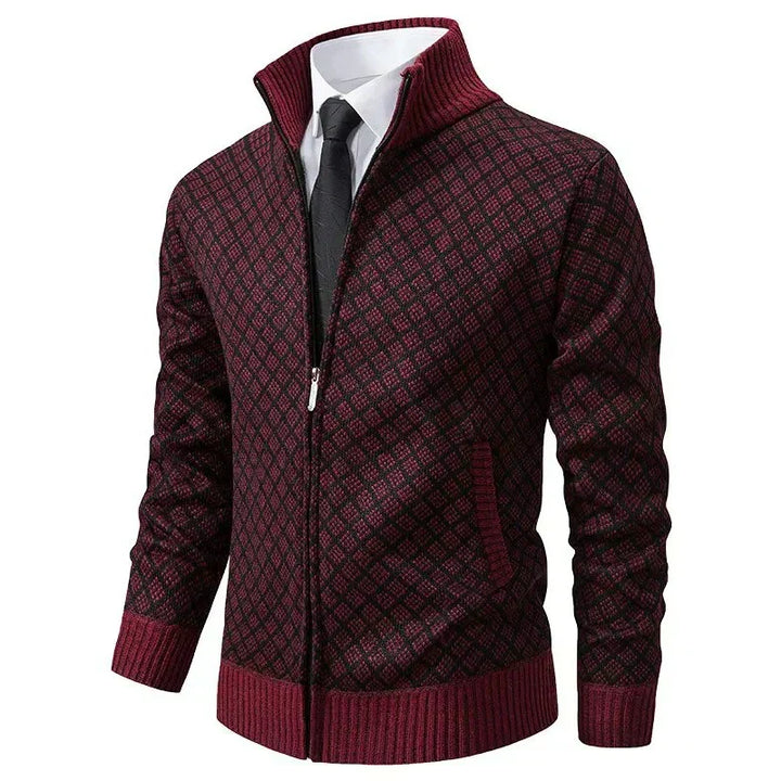 Oliver men's diamond knit zip cardigan in burgundy