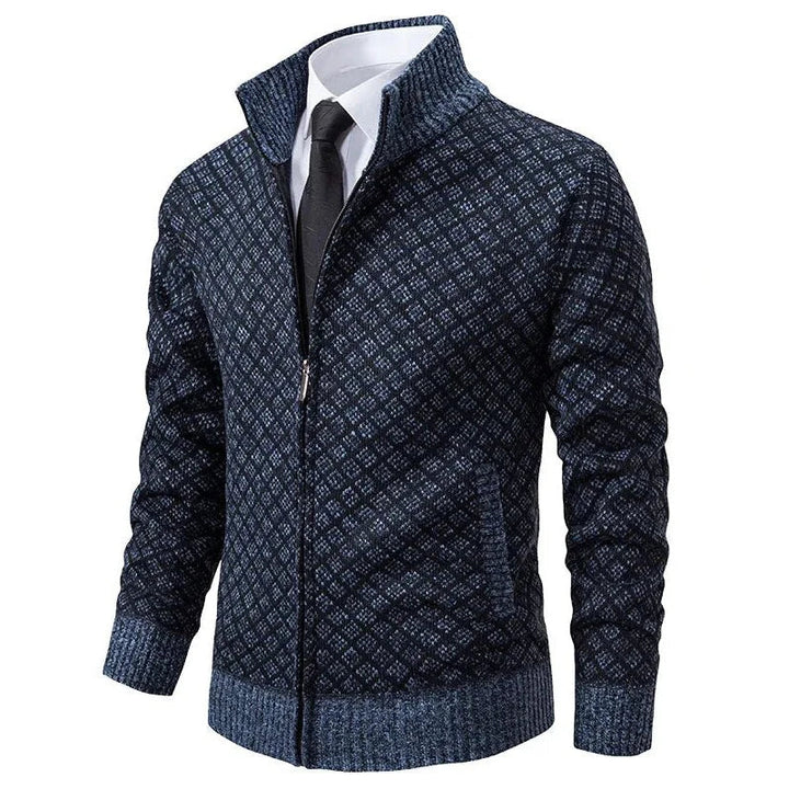 Oliver men's diamond knit zip cardigan in navy, worn over a shirt and tie