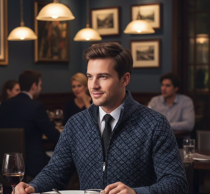 Oliver men's diamond knit zip cardigan, shown on a model