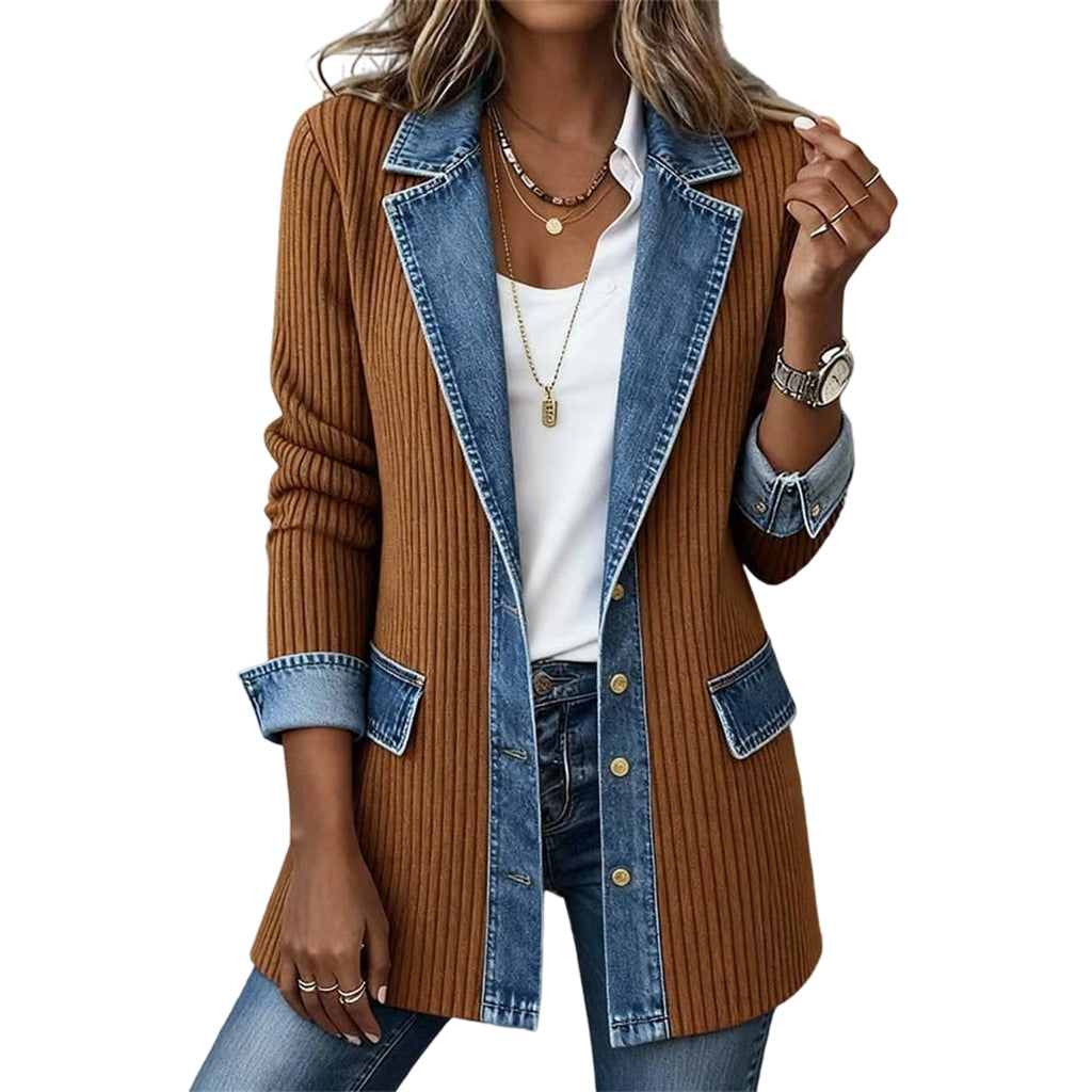 Harriet denim trim knit jacket, detail of the ribbed knit and denim cuff