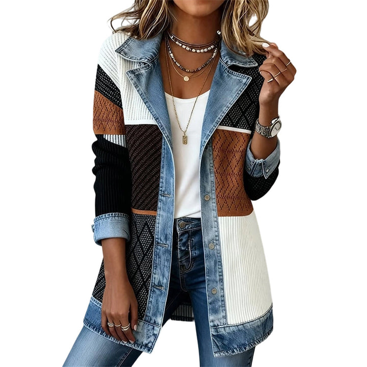 Harriet denim trim knit jacket, detail of the denim collar and lapels