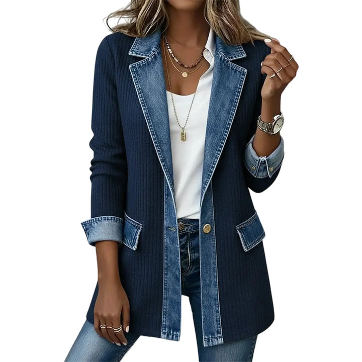 Harriet denim trim knit jacket, shown on a model