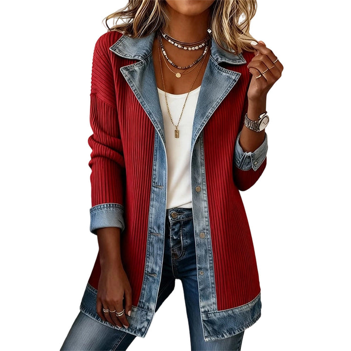 Harriet denim trim knit jacket, shown on a model