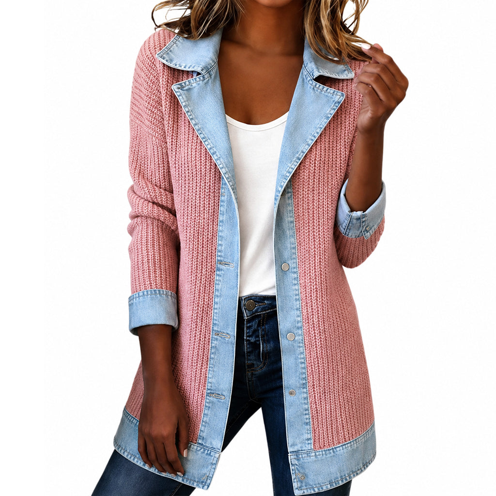 Harriet denim trim knit jacket, shown on a model