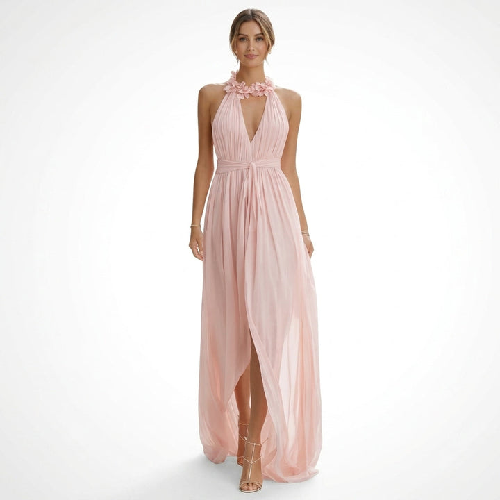Robe maxi en mousseline femme | Col licou plissé et élégant