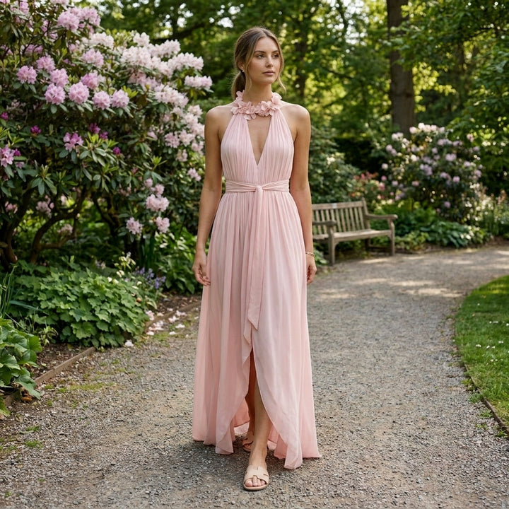 Robe maxi en mousseline femme | Col licou plissé et élégant