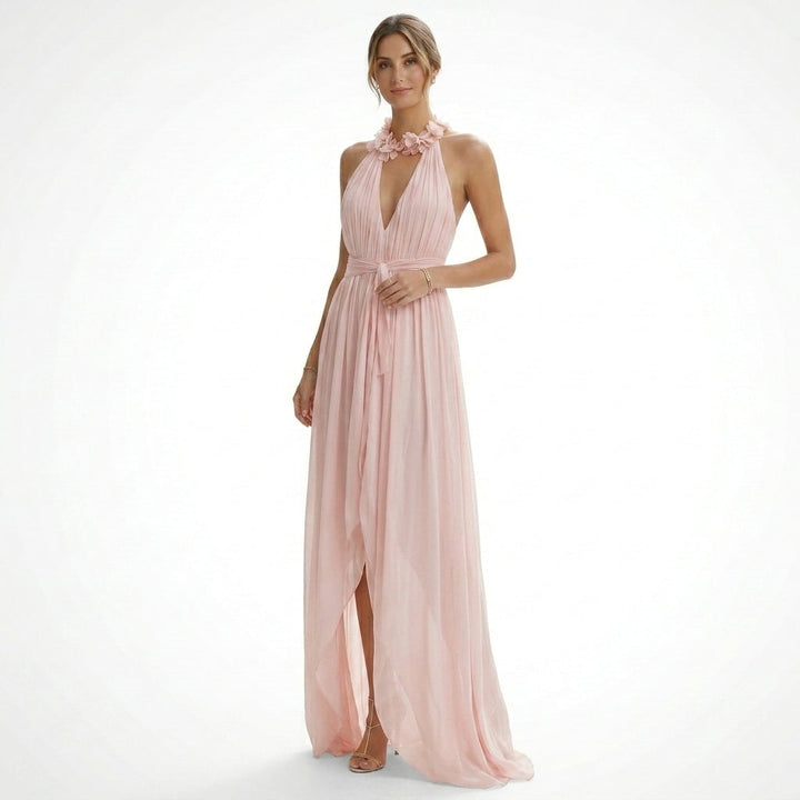 Robe maxi en mousseline femme | Col licou plissé et élégant